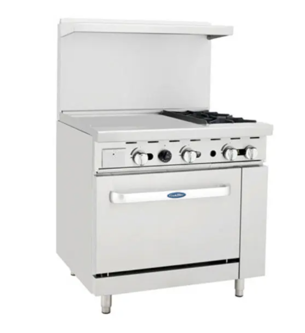 Atosa 36'' Range with (2) Open Burners 32,000 BTU and 24" Griddle on the  LEFT with (1) 26-1/2" Wide Oven, (2) Oven Racks  AGR-2B24GL - Image 2